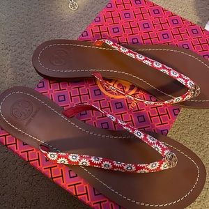 Tory Burch red floral sandals, made in Brazil. Size 9